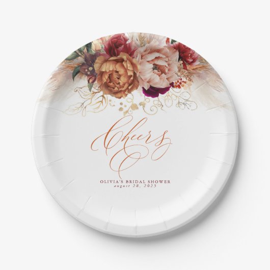 ラスティーテラコッタの花とパンパス草のお祝い ペーパープレート (正面)