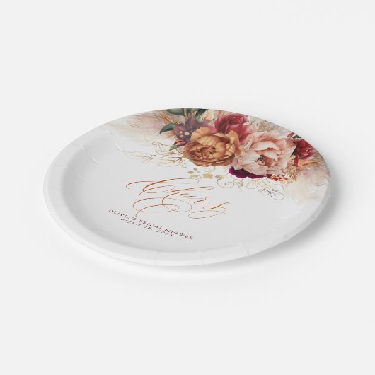 ラスティーテラコッタの花とパンパス草のお祝い ペーパープレート (アングル)