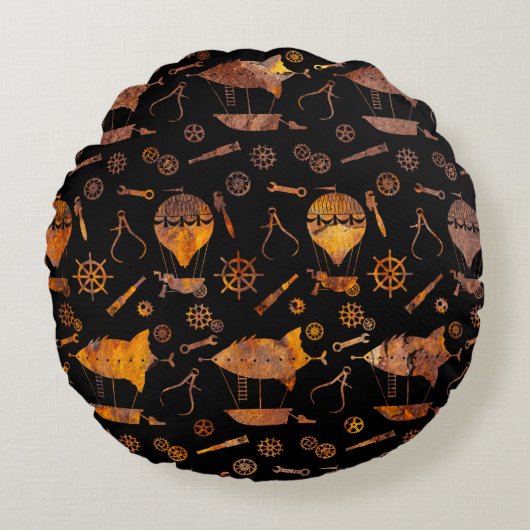 ラストすごいスカラフルステームパンクエアシップテーマ ラウンドクッション (正面)