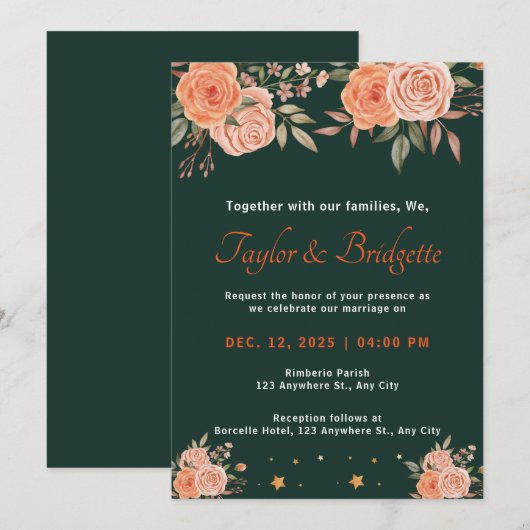 ラストとエメラルドグリーンの秋の結婚式 招待状 (正面/裏面)
