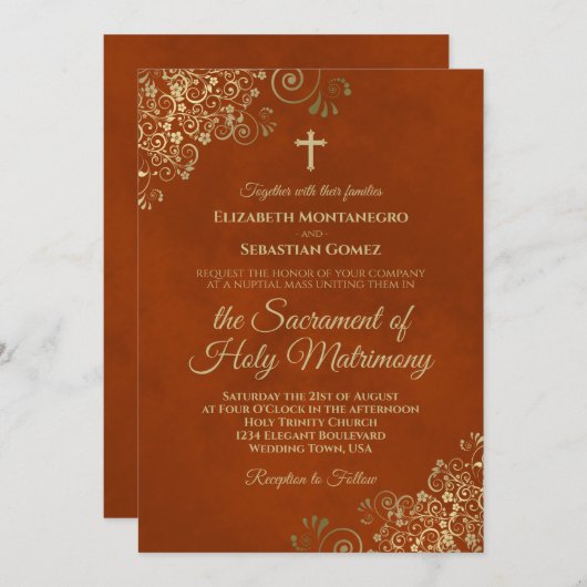 ラストエレガントオレンジ&金ゴールドモダンカソリッ結婚クス 招待状 (正面/裏面)