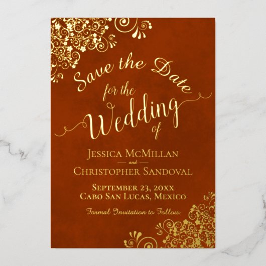 ラストオレンジの結婚式の前日にちを知らせるカード　ゴールドのレース 箔招待状 (正面)