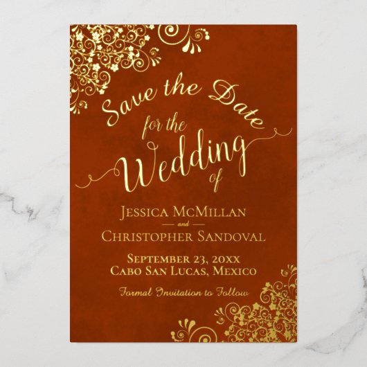 ラストオレンジの結婚式の前日にゴールドレース 箔招待状 (正面)