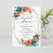 ラストオレンジティール（緑がかった色）焦げた金ゴールドフローラブライダルシャワー 招待状 (スタンド正面)