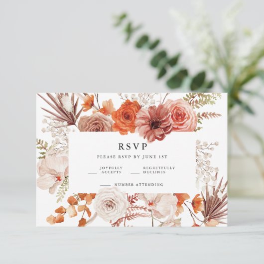 ラストオレンジテラコッタフローラウェディングRSVP エンクロージャーカード (スタンド正面)