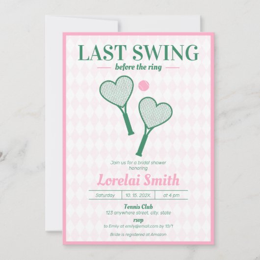 ラストスイング前のリングや輪テニスブライダルシャワー 招待状 (正面)