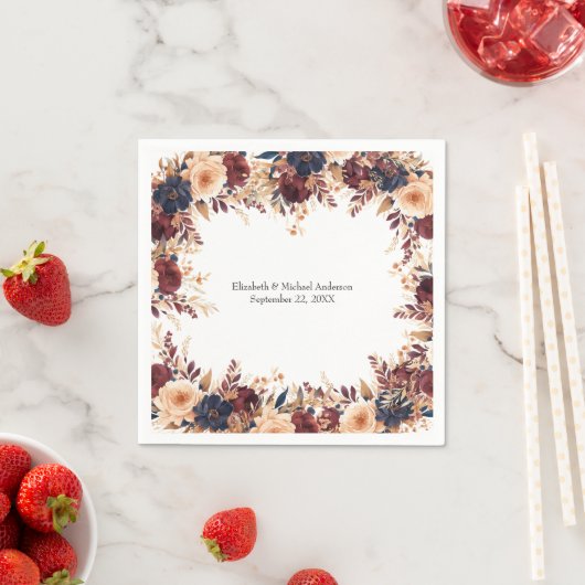 ラストテラコッタネイビークリームエレガントフローラ結婚ズ スタンダードカクテルナプキン (インサイチュ)