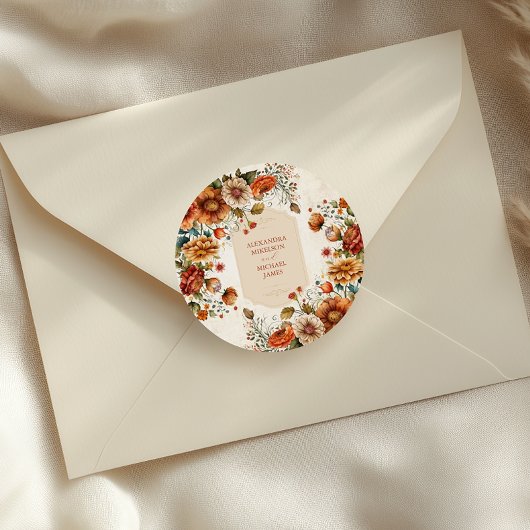 ラストテラコッタフラワーズバーンドオレンジ秋の結婚式 ラウンドシール