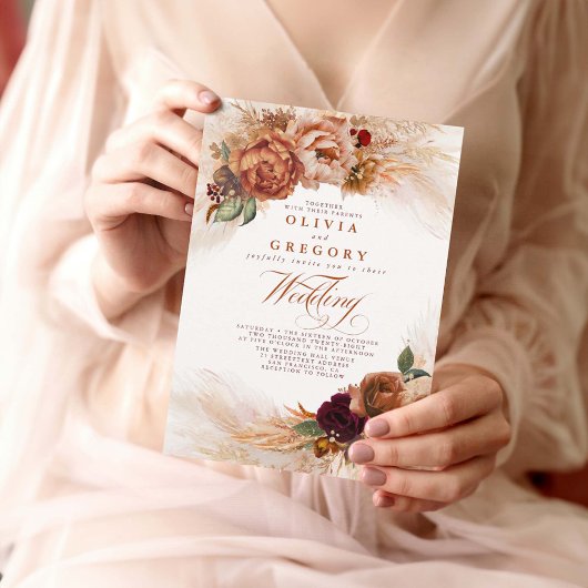 ラストテラコッタフラワーズバーンドオレンジ秋の結婚式 招待状