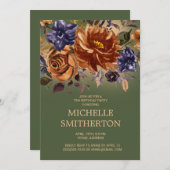 ラストネイビーブルーフローラグリーン75th誕生日 招待状 (正面/裏面)