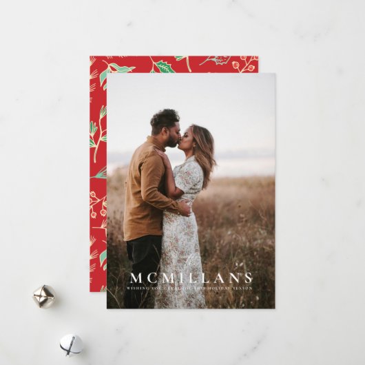 ラストネームスタイリッシュホリデーパターンクリスマスカード シーズンカード (正面/裏面インサイチュ)