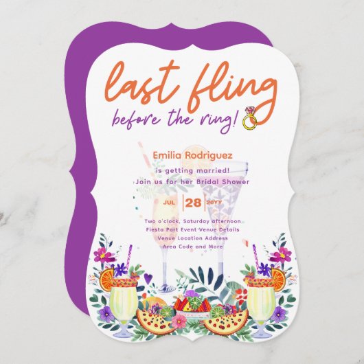 ラストフィング前リングや輪カクテルブライダルシャワー 招待状 (正面/裏面)