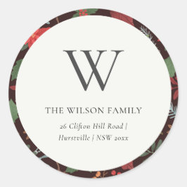 ラストブラウンベリークリスマスフローラモノグラムアドレス ラウンドシール