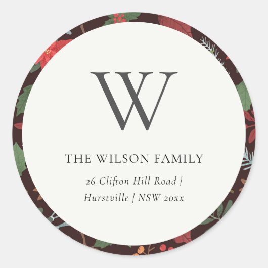 ラストブラウンベリークリスマスフローラモノグラムアドレス ラウンドシール (正面)