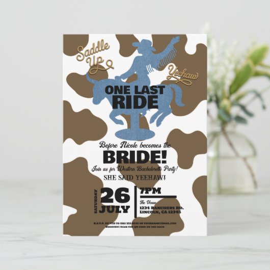 ラストライドデニム女性のカーボーイウェスタンバチェロレッテ 招待状 (スタンド正面)