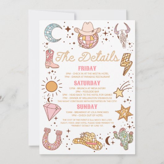 ラストロデオディスコ女性のカーボーイバチェロレッテウィークエンド 招待状 (裏面)