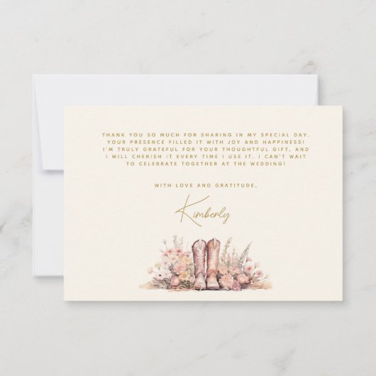 ラストロデオブーツフローラ女性のカーボーイブライダルシャワー サンキューカード (裏面)