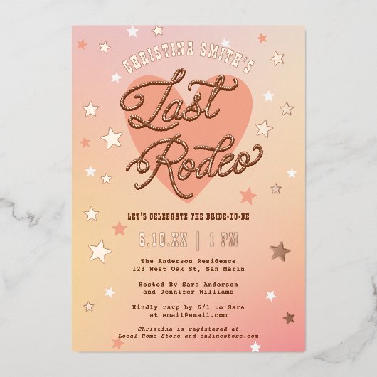 ラストロデオレトロスパークリウェスタンブライダルシャワー 箔招待状 (正面)