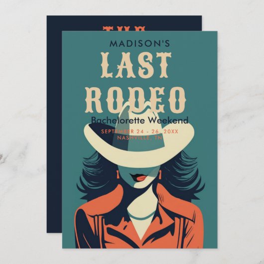 ラストロデオヴィンテージブルーティール（緑がかった色）バチェロレッテ週末 招待状 (正面/裏面)