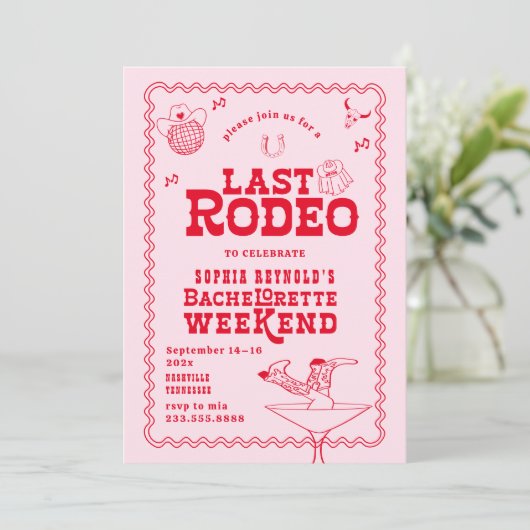 ラストロデオ女性のカーボーイピンク&レッドバチェロレッテ 招待状 (スタンド正面)