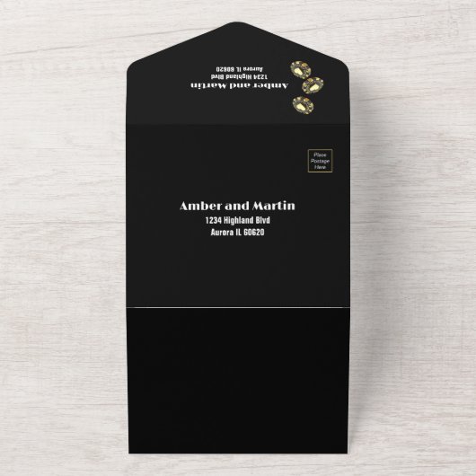 ラスベガスでの目的地ウェディング エレガント ブラック ゴールド オールインワン招待状 (外側)
