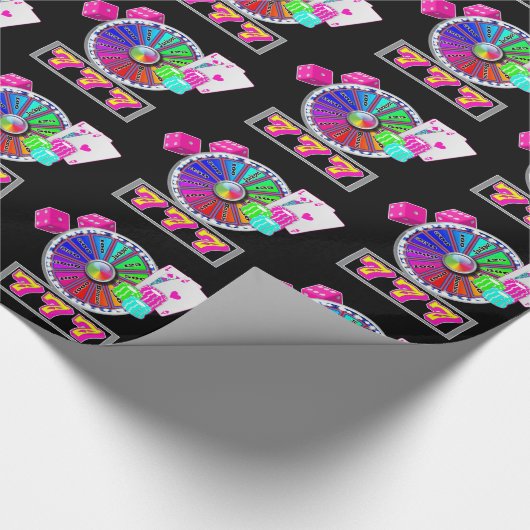 ラスベガスのカジノの車輪、ブラックジャック、サイコロのネオン色 ラッピングペーパー (角)
