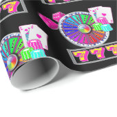 ラスベガスのカジノの車輪、ブラックジャック、サイコロのネオン色 ラッピングペーパー (ロールコーナー)