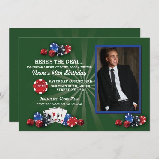 ラスベガスのカジノ夜誕生会の写真の招待 招待状 (正面/裏面)