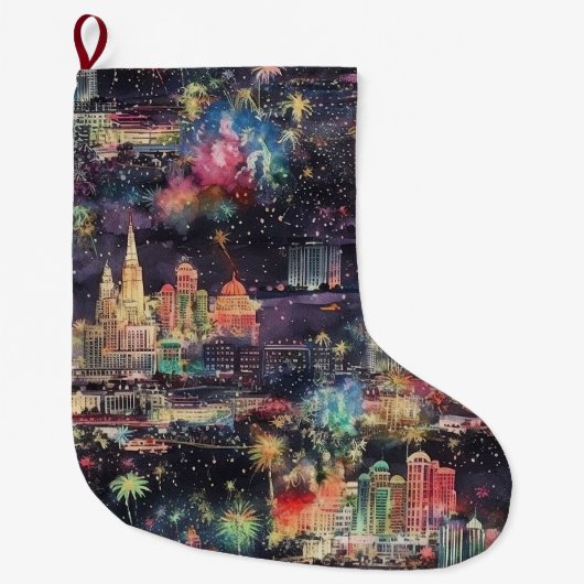 ラスベガスのクリスマス&新年の水彩画 ラージクリスマスストッキング (正面)