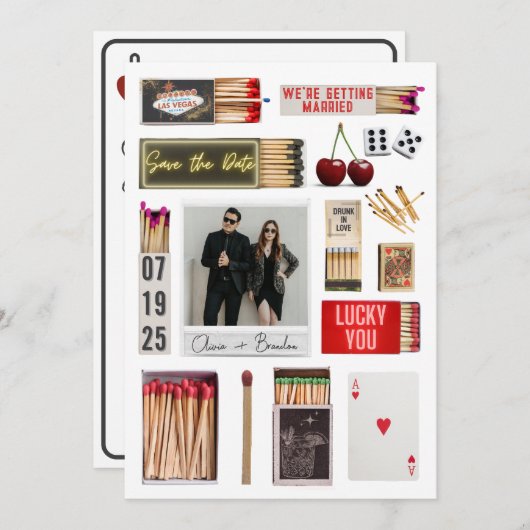 ラスベガスのマッチボックスアートフォトウェディング日付を保存 招待状 (正面/裏面)