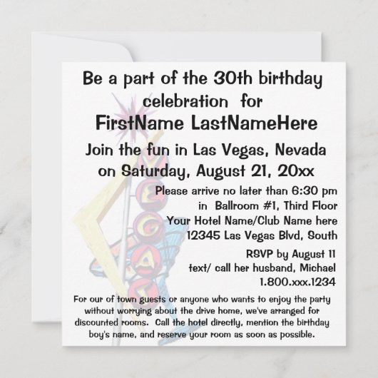 ラスベガスの第30誕生会の名前入りな印 招待状 (裏面)
