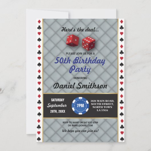 ラスベガスの結婚式のカジノのサイコロのパーティーの誕生日 招待状 (正面)