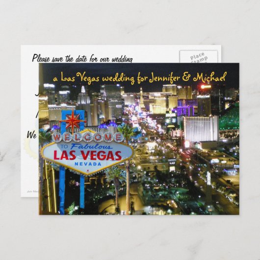 ラスベガスの結婚式のピンクの日付を保かわいらし存 案内ポストカード (正面/裏面)