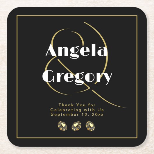 ラスベガスカジノチップスブラック金ゴールドホワイト結婚ズ スクエアペーパーコースター (正面)