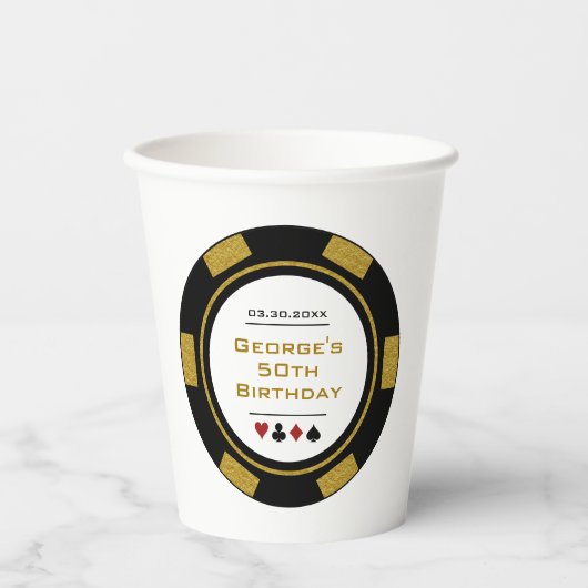 ラスベガスカジノトランプのポーカーチップインブラック金ゴールド誕生日 紙コップ (正面)