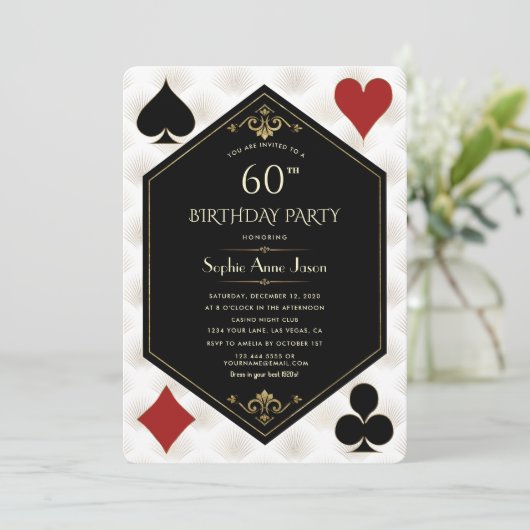 ラスベガスカジノナイトトランプのポーカーウーマン60誕生日 招待状 (スタンド正面)