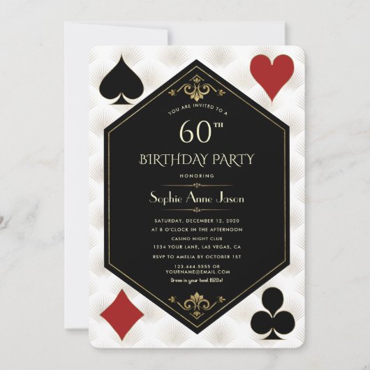 ラスベガスカジノナイトトランプのポーカーウーマン60誕生日 招待状 (正面)