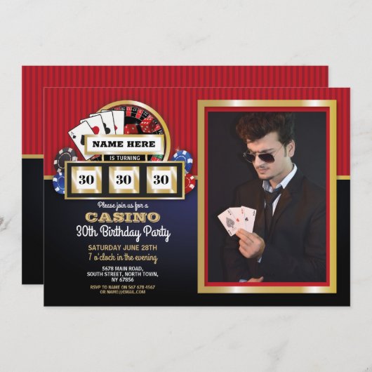 ラスベガスカジノナイト誕生日パーティーの写真 招待状 (正面/裏面)