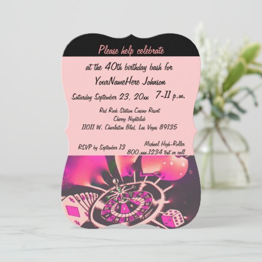 ラスベガスカジノバースデーパーティーピンクとブラック 招待状 (スタンド正面)
