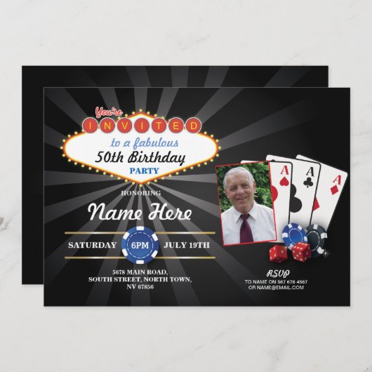 ラスベガスカジノフォト誕生日招待状パーティー 招待状 (正面/裏面)