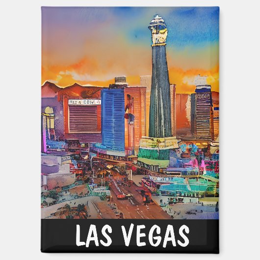 ラスベガスカラフルスカイラインの水彩画 マグネット (正面)