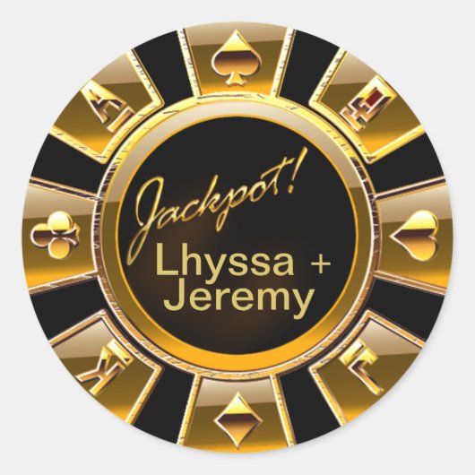 ラスベガスジャックポットカジノチップブラック/金ゴールド ラウンドシール (正面)
