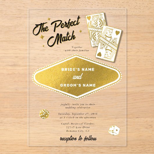ラスベガスデスティネーションパーフェクト結婚マッチの金ゴールド アクリル招待状 (正面)
