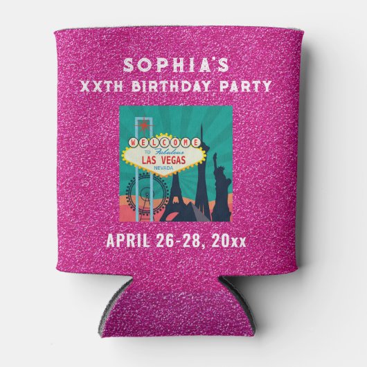 ラスベガスバースデーパーティービーフピンクグリッター 缶クーラー (正面)