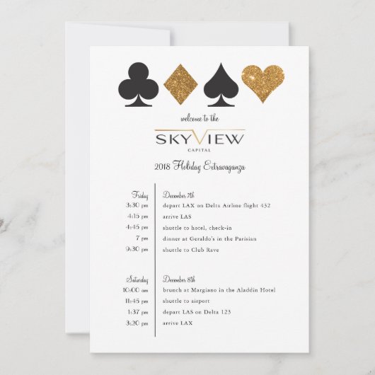 ラスベガス企業のイベントタイムライン金ゴールドグリッター 招待状 (正面)
