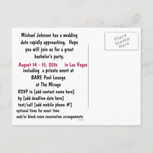 ラスベガス独身パーティーの招待状 インビテーションポストカード (裏面)