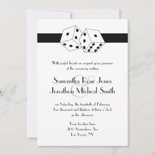 ラスベガス結婚のサイコロテーマホワイト&ブラック 招待状 (正面)