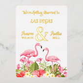 ラスベガス結婚のピンクフラミンゴスゴールドフォイル 箔招待状 (正面)