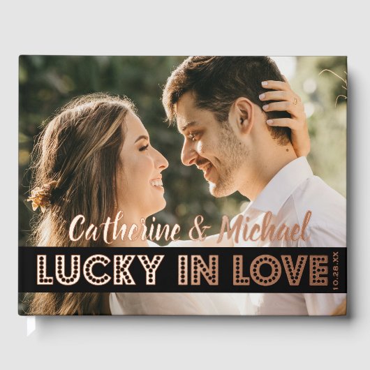 ラスベガス結婚カジノのフォトブラック&金ゴールド ゲストブック (正面)