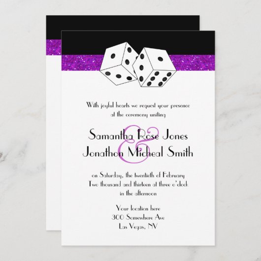 ラスベガス結婚サイコロテーマパープルフェイクグリッター 招待状 (正面/裏面)